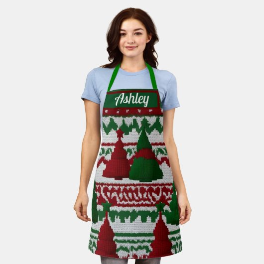 メニパーソナライズされたットのクリスマスツリー エプロン (着用した状態)