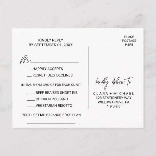 メニュお洒落ーの選択と曲のリクエストRSVPポストカード インビテーションポストカード (裏面)
