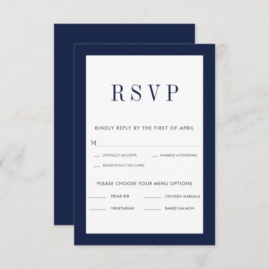 メニュクラシックーの選択が可能なRSVPカードを使用したNAVY RSVP縁どカード 出欠カード (正面/裏面)