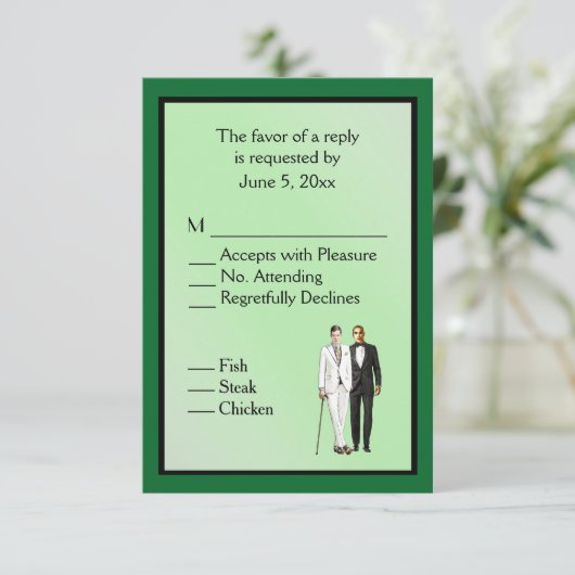 メニュシンプルー選択付き結婚GreenゲイのRRSVP 出欠カード (スタンド正面)
