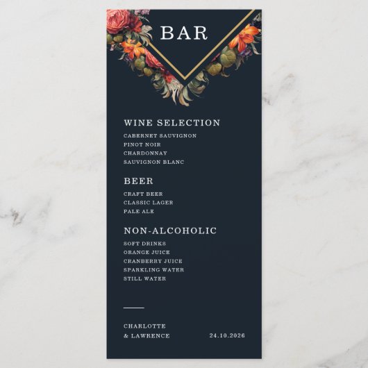 メニューには豪華なヴィンテージフローラスタイル メニュー (正面)