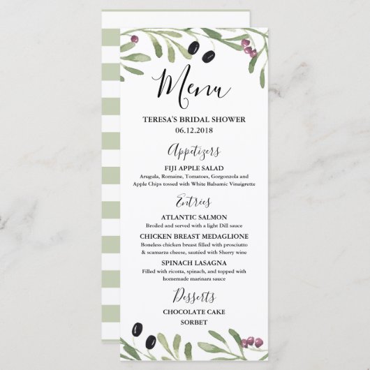 メニューを結婚するイタリア人のトスカナ式のギリシャのブライダルシャワー メニュー (正面/裏面)