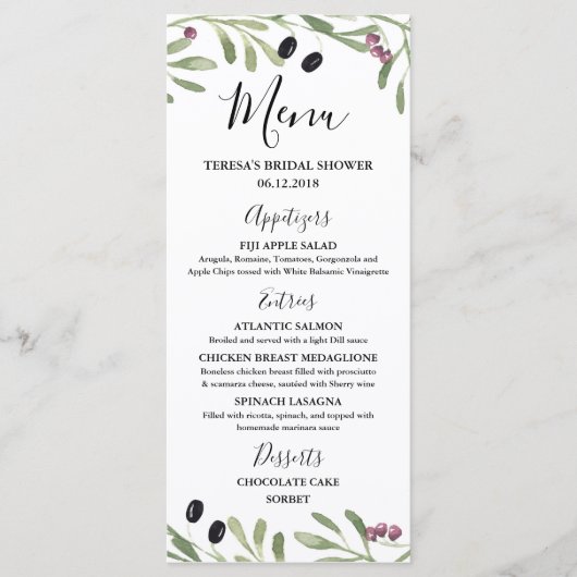 メニューを結婚するイタリア人のトスカナ式のギリシャのブライダルシャワー メニュー (正面)