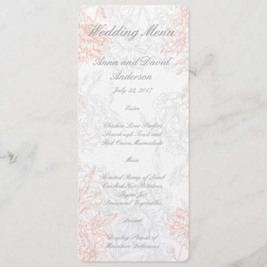 メニューを結婚する珊瑚の灰色の花のヴィンテージ メニュー (正面)
