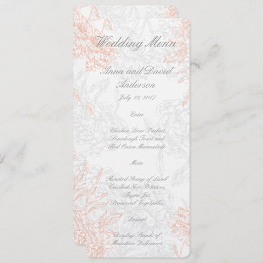 メニューを結婚する珊瑚の灰色の花のヴィンテージ メニュー (正面/裏面)