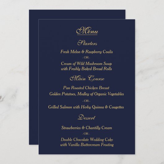 メニューカードを結婚するエレガントな海軍金ゴールド メニュー (正面/裏面)
