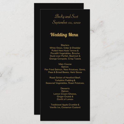 メニューカードを結婚するエレガントな黒および金ゴールド メニュー (正面/裏面)