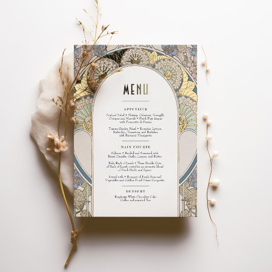 メニューカードダスティブルー金ゴールドアールヌーボーミュシャ 箔招待状