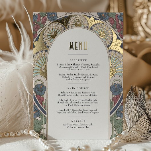 メニューカードネイビーブルー金ゴールドアールヌーボーミュシャ 箔招待状