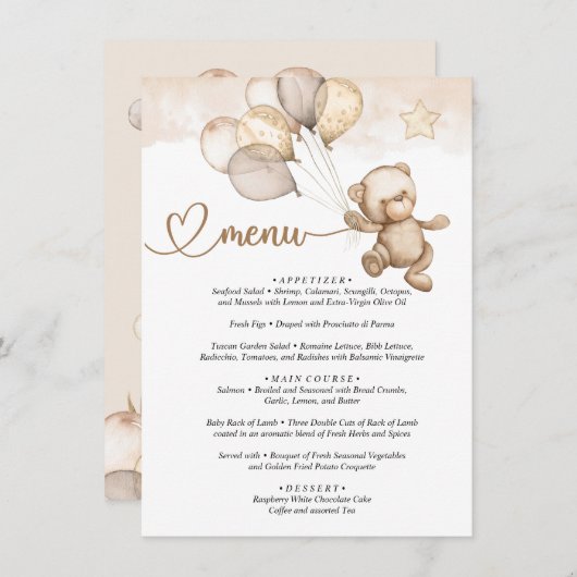 メニューテディベアベビーベビーシャワー エンクロージャーカード (正面/裏面)