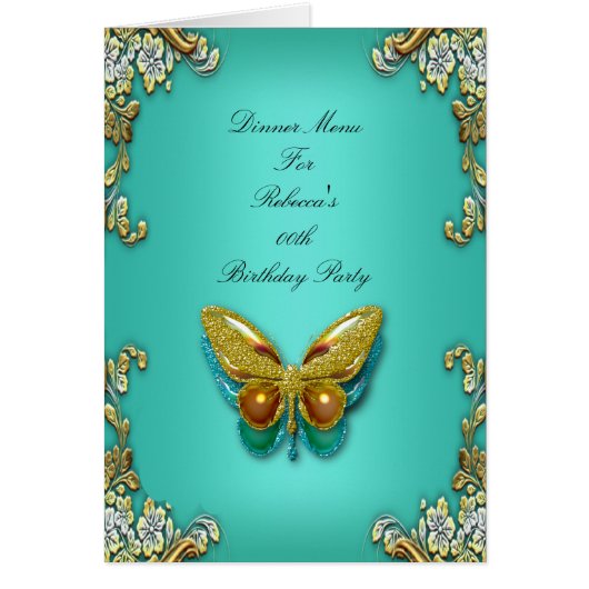 メニューディナーカード金ゴールドティール（緑がかった色）ブルーバタフライ (正面)