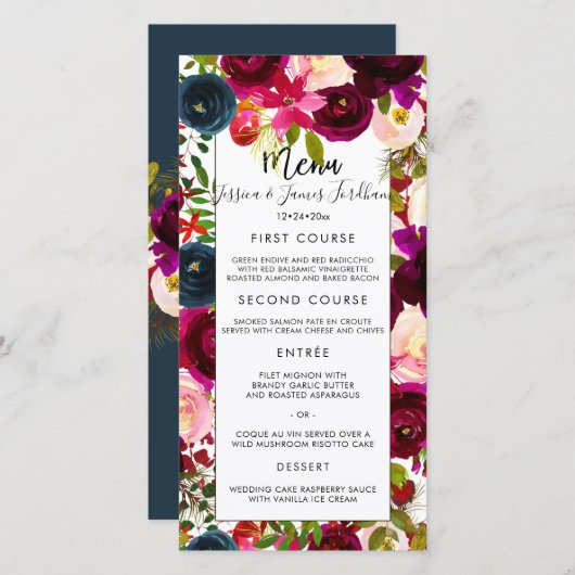 メニューブルゴーニュ、赤面+ネイビー水彩花カード 案内状 (正面/裏面)