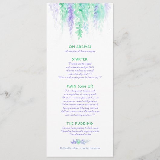 メニューブルーカスケード緑のつる植物アートウォーターカラーカード メニュー (裏面)