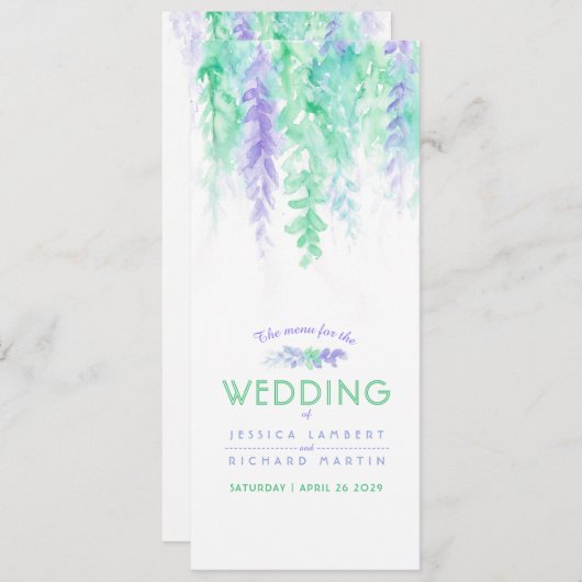 メニューブルーカスケード緑のつる植物アートウォーターカラーカード メニュー (正面/裏面)