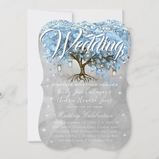 メニューメイソンジャールブルーハートリーフツリー水色 招待状 (正面)