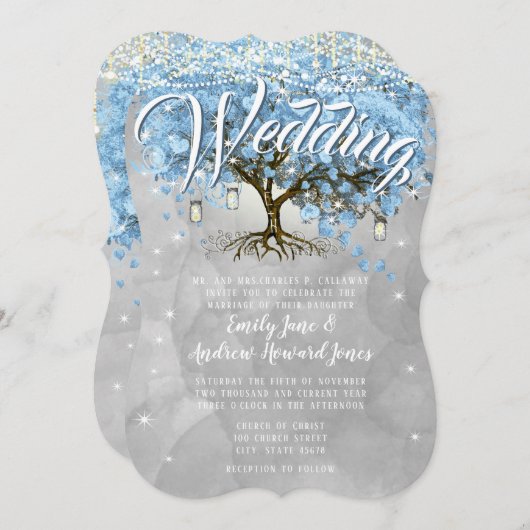 メニューメイソンジャールブルーハートリーフツリー水色 招待状 (正面/裏面)