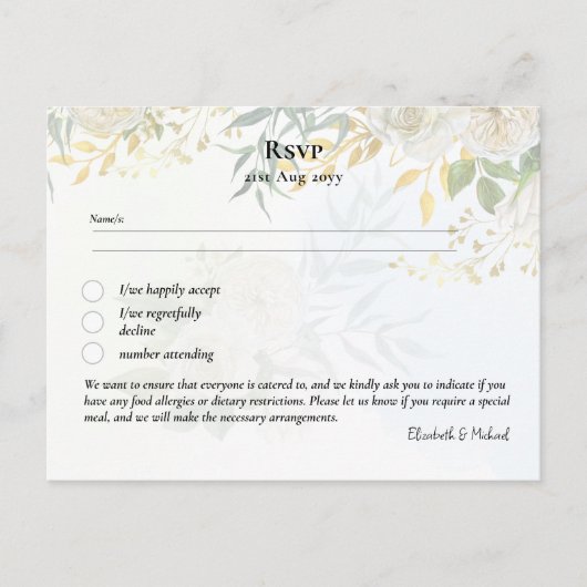 メニュー付きRSVPテンプレートホワイトローズグリーナリー ポストカード (正面)