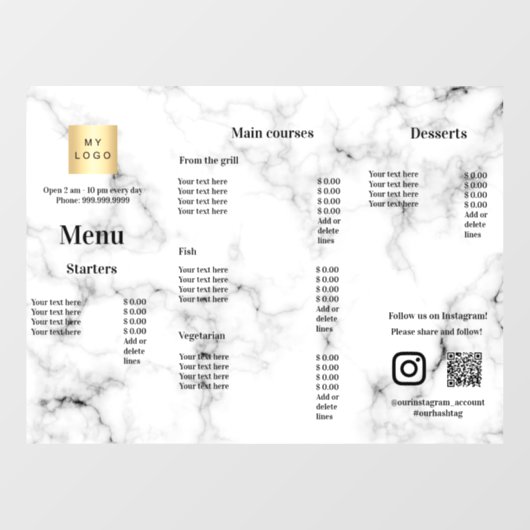 メニュー価格リストレストランバーカフェ大理石 ウィンドウサイン (シート)