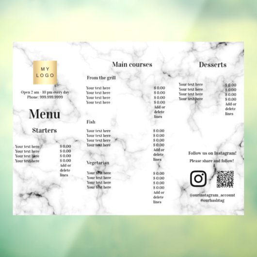 メニュー価格リストレストランバーカフェ大理石 ウィンドウサイン (シート3)