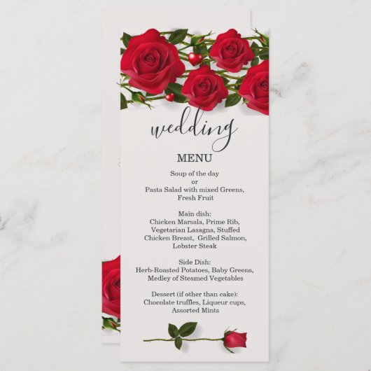 メニュー棚カードを結婚しているハートを持つ赤いバラ メニュー (正面/裏面)