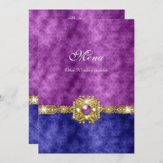 メニュー紫色の青いダマスク織のきらきら光るなファッション メニュー (正面/裏面)