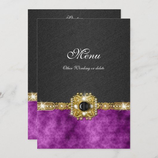メニュー紫色の黒いダマスク織のきらきら光るなファッション メニュー (正面/裏面)