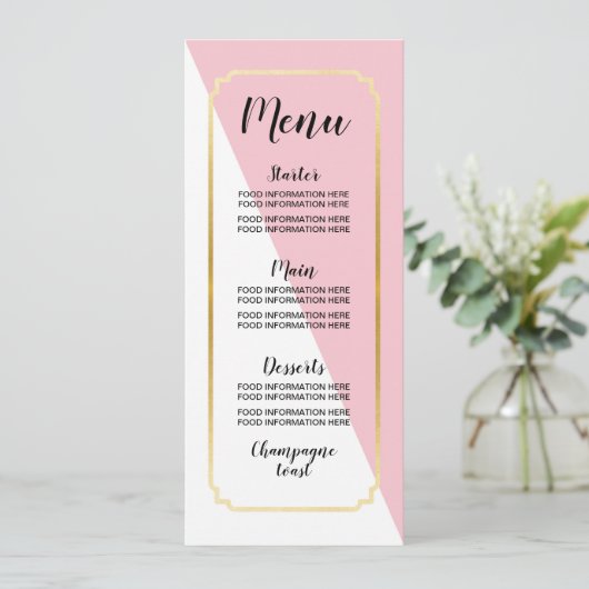 メニュー結婚式の食糧はピンクの金ゴールドのエレガントな点を梳きます メニュー (スタンド正面)