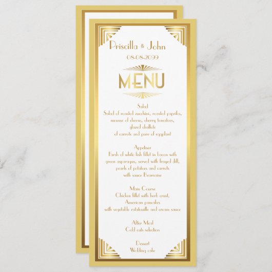 メニュー結婚式、メニュー会合、素晴らしいGatsby、白、金ゴールド メニュー (正面/裏面)