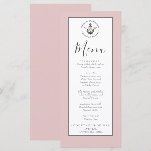 メニュー航海のをテーマにしたフローラいかりほこりっぽいバラピンク メニュー (正面/裏面)