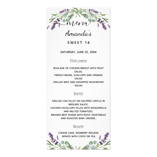 メニュー薄紫色ユーカリの緑の日 ラックカード (正面)