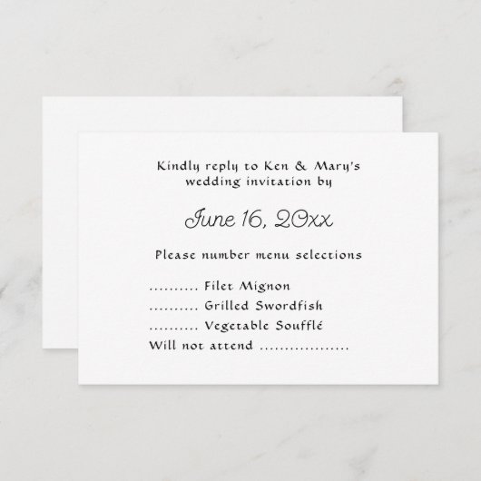 メニュー選択によるウェディングRSVP文字応答 出欠カード (正面/裏面)