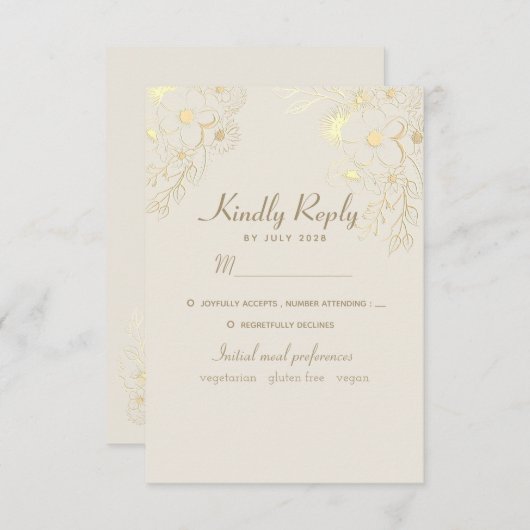 メニュー選択金ゴールドウェディングRSVPカード 出欠カード (正面/裏面)