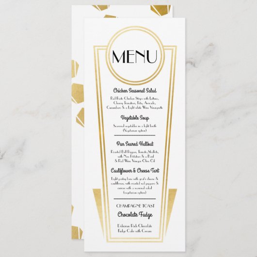 メニュー金ゴールドの白の披露宴を結婚するエレガントなアールデコ メニュー (正面/裏面)