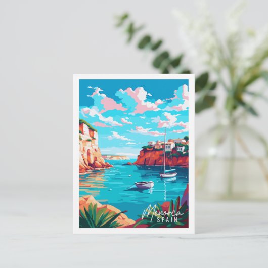 メノルカスペインヴィンテージ旅行イラストレーションポー ポストカード (スタンド正面)