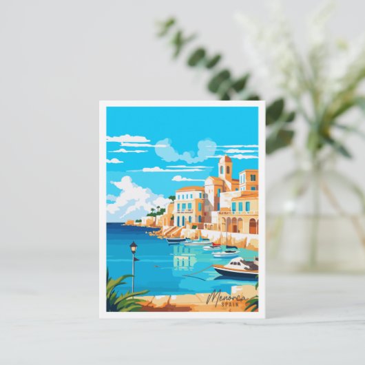 メノルカスペインヴィンテージ旅行イラストレーション ポストカード (スタンド正面)