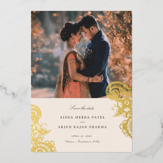 メハモダンディ結婚式の日付を保存 箔招待状 (正面)