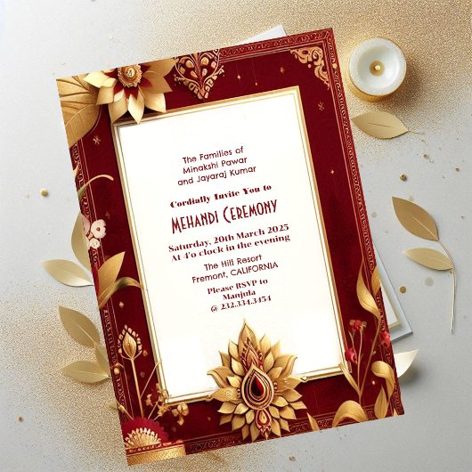 メハンディ式非対称ゴールデンインディアン結婚ズ 招待状