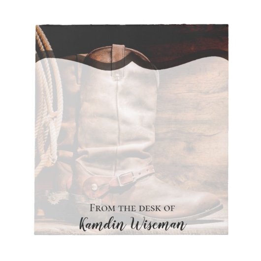 メモパーソナライズされた帳カウボーイブーツバーンウッド素朴 ノートパッド (正面)