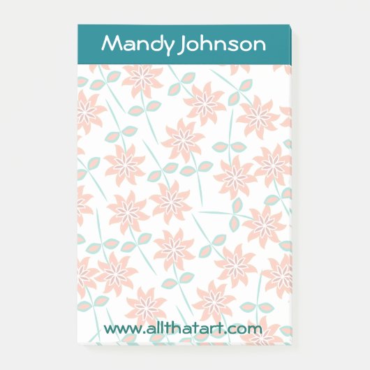 メモパーソナライズされた帳ティール（緑がかった色）縁ど色あせ赤い花 ポストイット (正面)