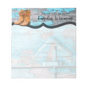 メモパーソナライズされた帳ブルーウッドバーンドアブーツアクー ノートパッド (正面)