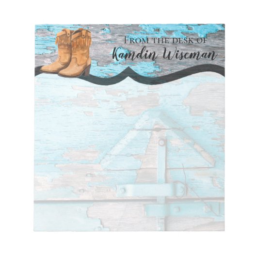 メモパーソナライズされた帳ブルーウッドバーンドアブーツアクー ノートパッド (正面)