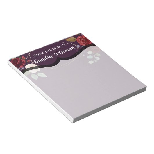 メモパーソナライズされた帳プラムパープルバラ金ゴールドジオメトリ ノートパッド (アングル)