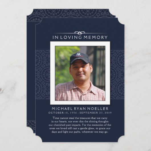 メモリアルありがとう深いブルー写真おそらく詩 招待状 (正面/裏面)