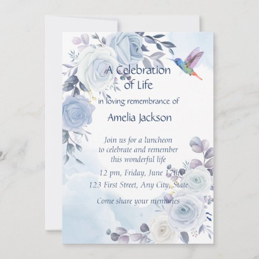 メモリアルお祝いオブライフハミングバードブルーバラ 招待状 (裏面)