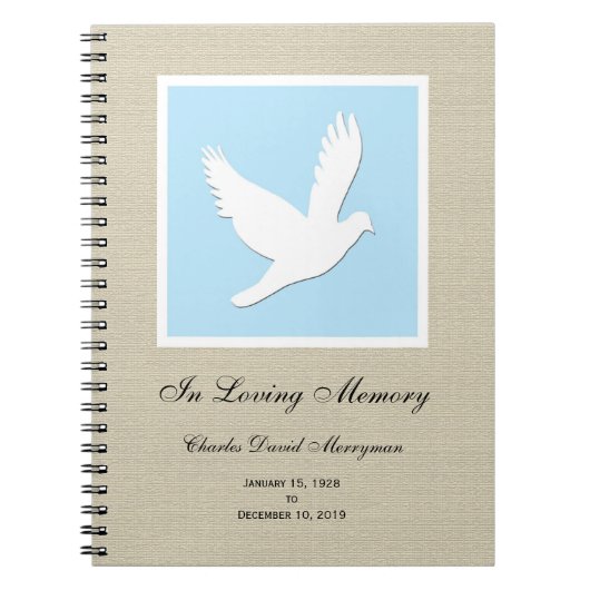 メモリアルまたは葬式ゲストブックノートブック – Dove ノートブック (正面)