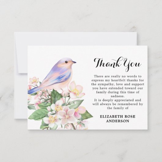 メモリアルウォーターカラー鳥フローラ悔やみや弔慰葬儀 サンキューカード (正面)