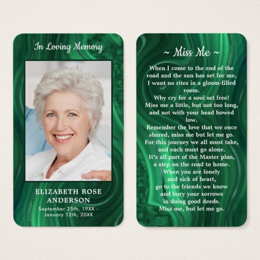 メモリアルエメラルドグリーンフォト葬儀祈りの言葉カード (正面&裏面)