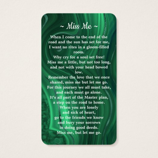 メモリアルエメラルドグリーンフォト葬儀祈りの言葉カード (裏面)