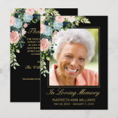 メモリアルエレガントブラックピンクローズフローラ写真 サンキューカード (正面/裏面)