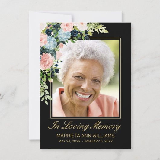 メモリアルエレガントブラックピンクローズフローラ写真 サンキューカード (正面)